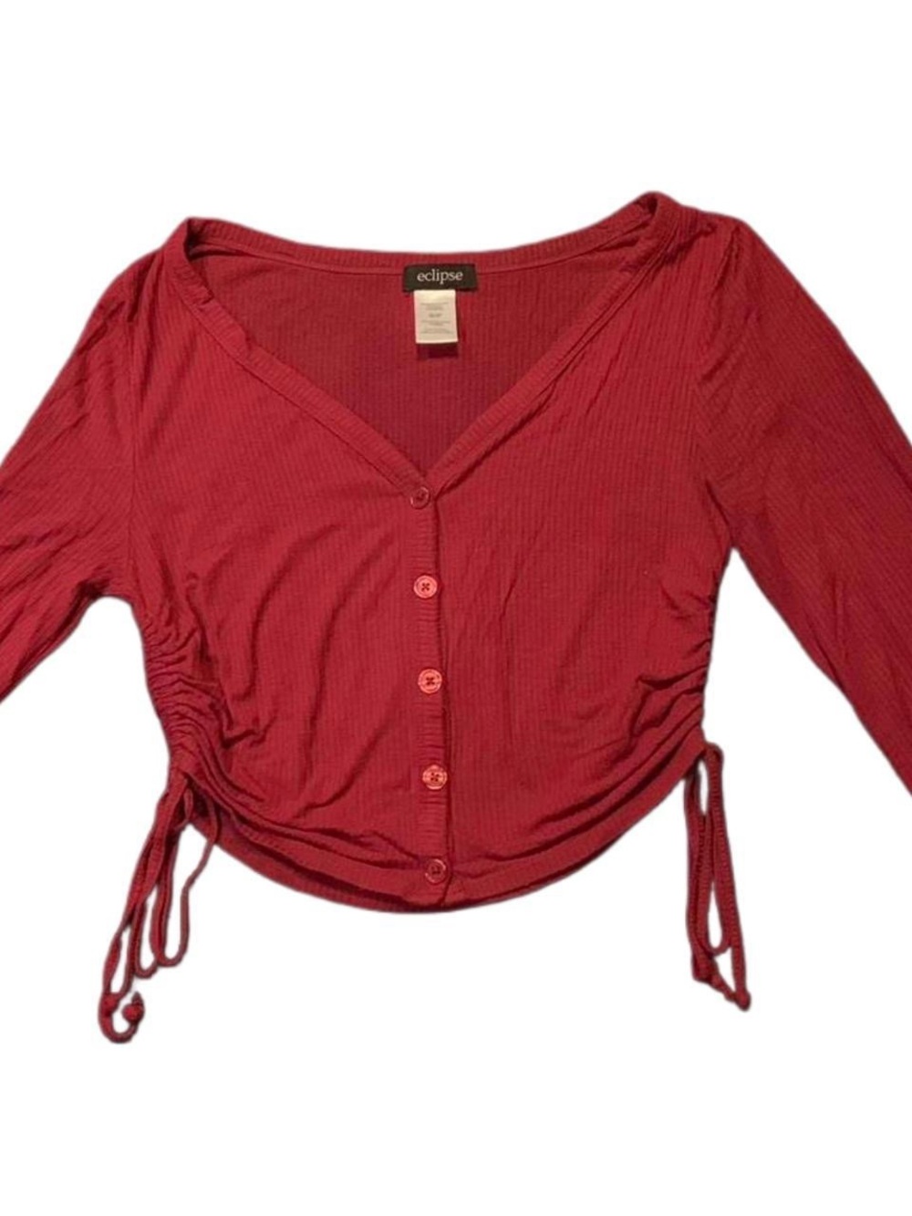 Eclipse Red V-Neck Button Front Cropped Long Sleeve Top